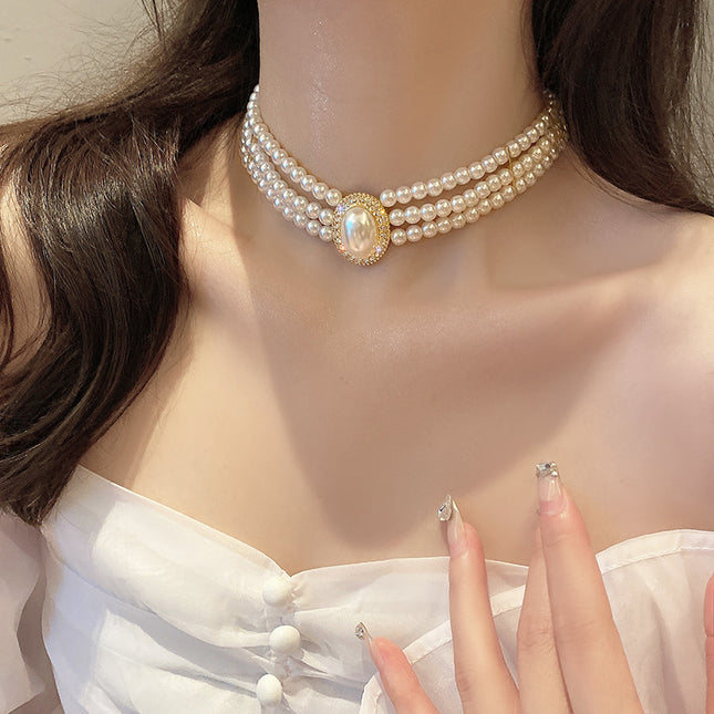 Handmade 3-Layer Retro Necklace for Women round Imitation Pearl Choker - FASHION SHEGOODS LLC
