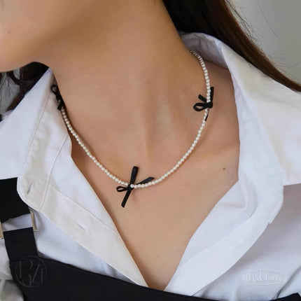 Faux Pearl Necklace Fashion Jewelry Sweet Girls Ribbon Bow Choker - FASHION SHEGOODS LLC