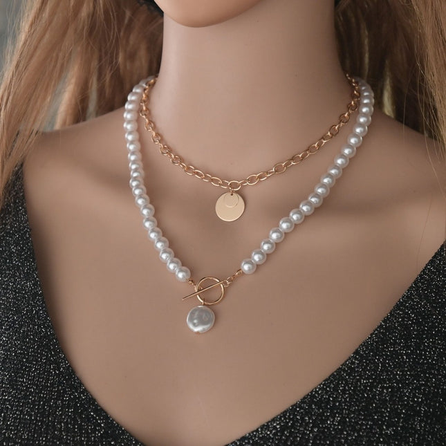 Double Layers Baroque Pearl Necklace Vintage Coin Pendant
