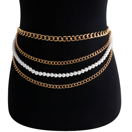 Women Metal Belts Chain Chunky Multi Layer Pearl Waist Chain Belt