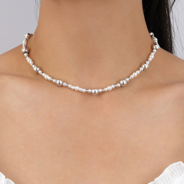 Silver Bead Pearl Beaded Choker Necklaces