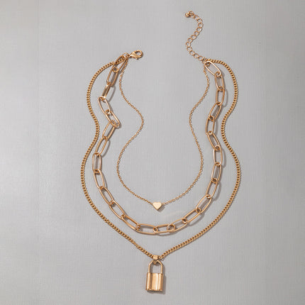 Multi Layered Thick Chain Love Lock Pendant Choker Necklace - FASHION SHEGOODS LLC