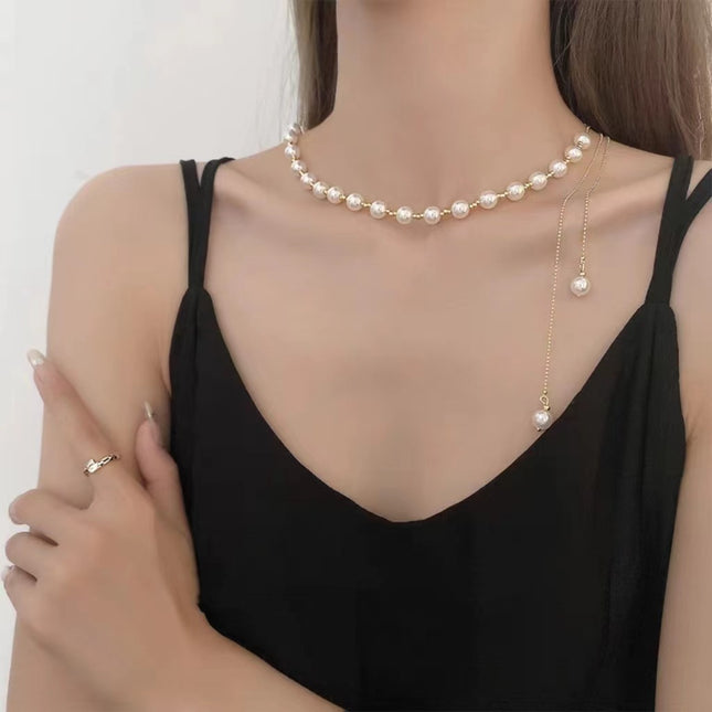 Women Tassel Plain Pearl Single Layer Beaded Necklace