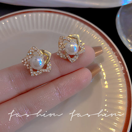 Fashion Rhinestone Rose Pearl Earrings