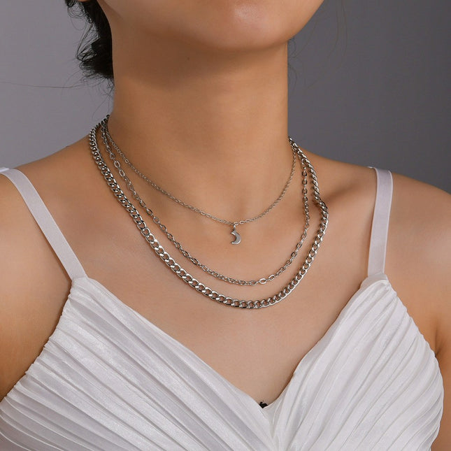 Multi-layered Chain Necklace Crescent Charm - FASHION SHEGOODS LLC