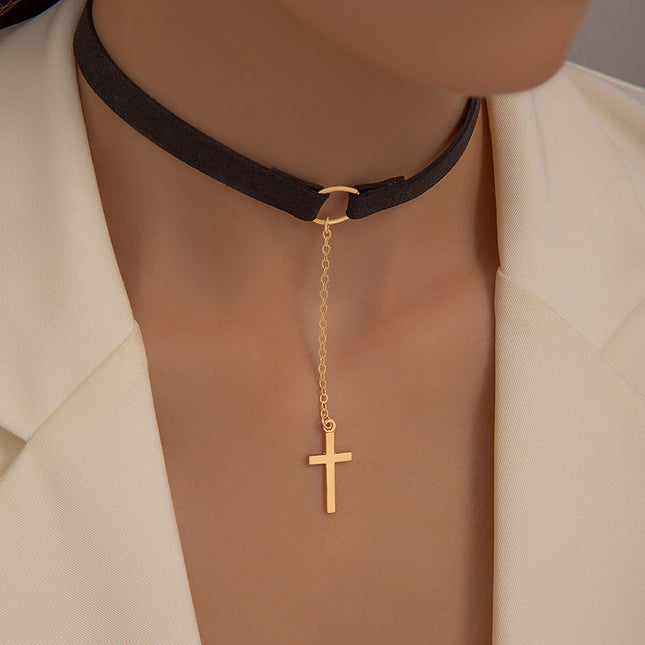 Punk Cross Tassel Pendant Black Short Choker Necklace