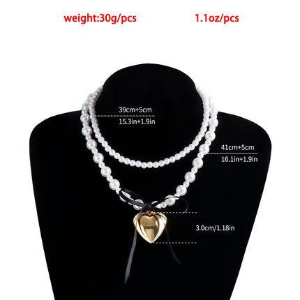 Pearl Bead Neckchain Black Ribbon Bowknot Heart Pendant Necklace - FASHION SHEGOODS LLC