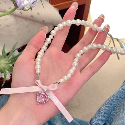 Sweet Love Bow Pearl Necklace Girls