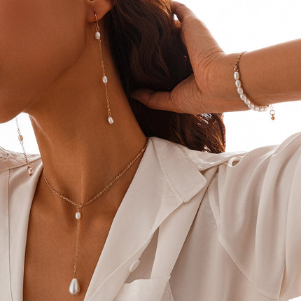 Elegant Imitation Pearl Chain Wed Bridal Jewelry Set