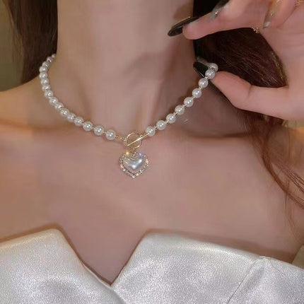 Pearl Beaded Choker Imitation Pearl Heart Necklace - FASHION SHEGOODS LLC
