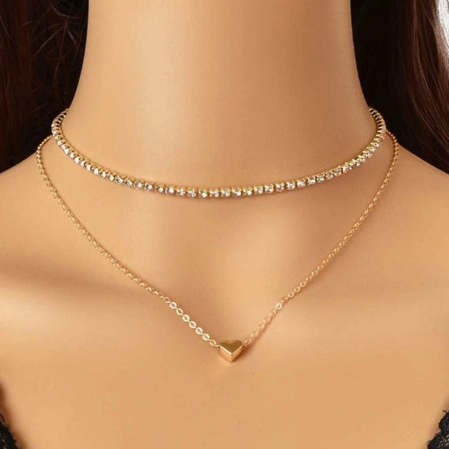 Layer Heart Rhinestone Chain Necklace - FASHION SHEGOODS LLC