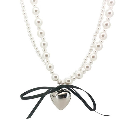 Goth Black Ribbon Bow Heart Pendant Necklace - FASHION SHEGOODS LLC