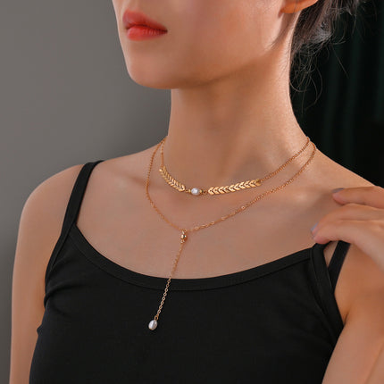 Wheat Leaves Chain Pearl Necklace