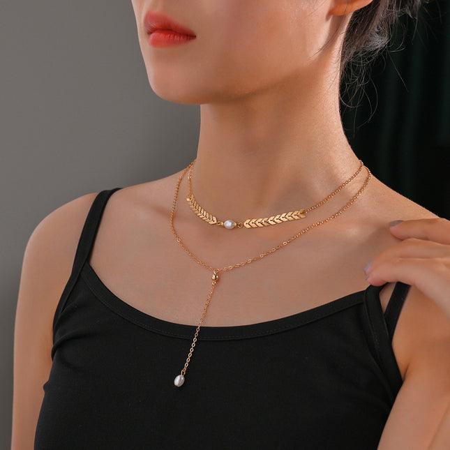 Wheat Leaves Chain Pearl Necklace