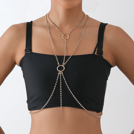Women Rhinestone Long Necklace Breast Chain