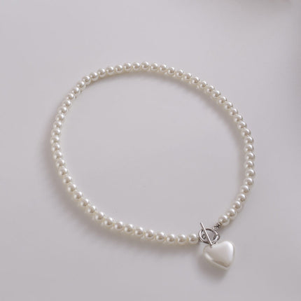 Glass Pearl Love Pendant Necklace with Clavicle Chain - FASHION SHEGOODS LLC