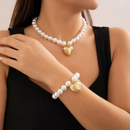 Fashion Heart Pendant Beaded Necklace Earrings Bracelet Jewelry Set