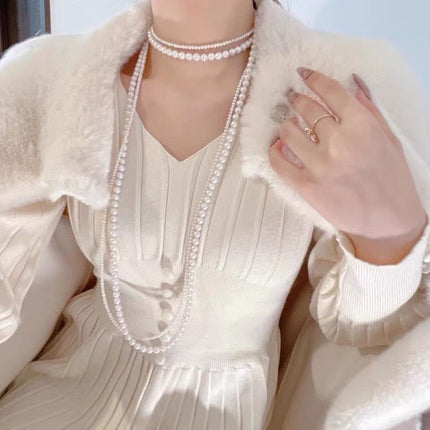 Double Layer Vintage Necklace Gown Accessories Jewelry French Retro Long Pearl Sweater Chain Necklace