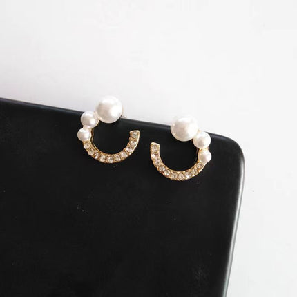 Full Stone Pearl C Shape Stud Earring - FASHION SHEGOODS LLC