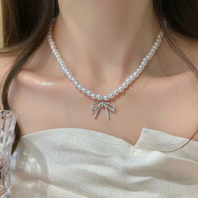 Bow Knot Women Pearl Beads Necklace