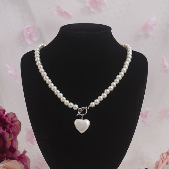 Glass Pearl Love Pendant Necklace with Clavicle Chain - FASHION SHEGOODS LLC