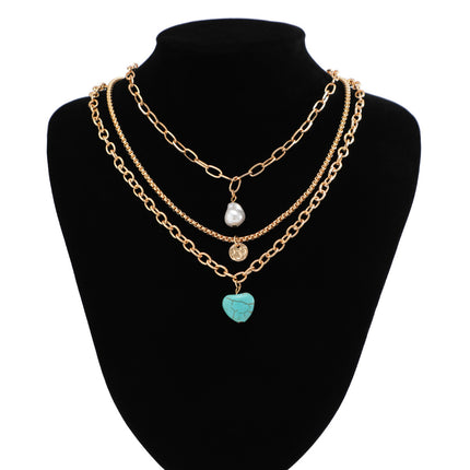 Women Ethnic Baroque Pearl Necklace Set Vintage Turquoise Heart Necklace