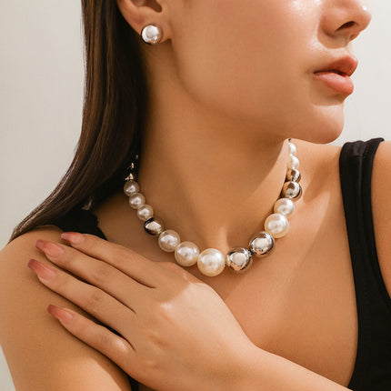Exaggerated Big Pearl Chunky Heart CCB Round Ball Bead Chain Punk Choker Necklace