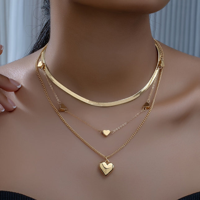 Multi Layered 3pcs Peach Heart Pearl Snake Chain Necklace