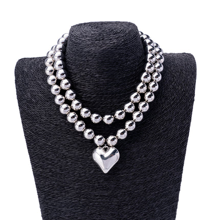 Multi-layer Round Beaded Necklace CCB love Pendent