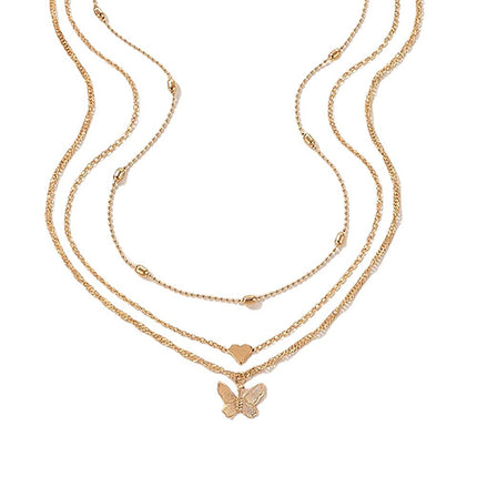 Multi Layers Metallic Chain Butterfly Charm Necklace