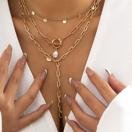Pearl Pendant Necklace Jewelry Paperclip Y-Chain Multi Layer