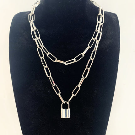 Punk Double Layer Lock Chain Necklace Padlock Pendant for Women