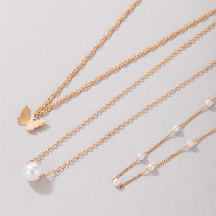 Multi 3 Layers Metallic Chain Gold Alloy Pearl Butterfly Charm Necklace - FASHION SHEGOODS LLC