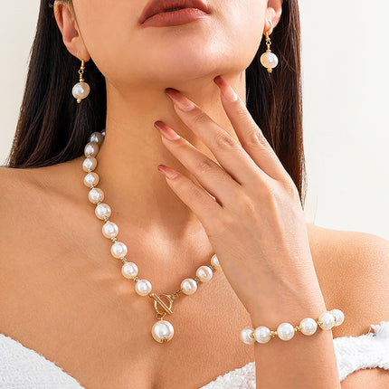 Retro Beaded Pearl Necklace Bracelet Earrings Jewelry Set
