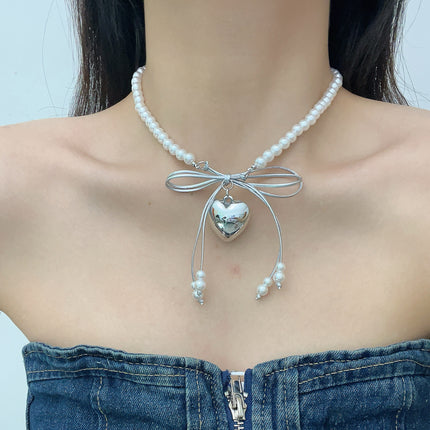 Heart Pendant White Imitation Pearl Bow Ribbon Choker Necklace for Women - FASHION SHEGOODS LLC