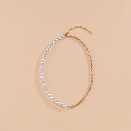 Chain Link Choker Necklace Half Pearl