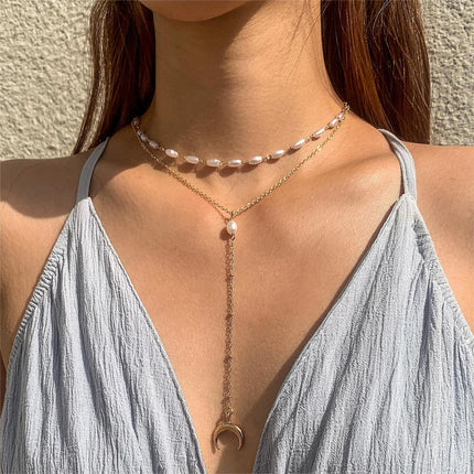 Women Pearl Bead Multi-layer Collarbone Chain Necklace