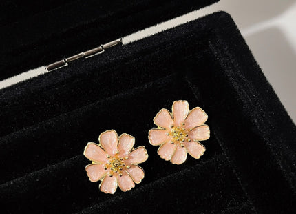Pink Enamel Floral Stud Earrings