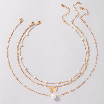 3 Layers Metallic Chain Pearl Butterfly Charm Necklace