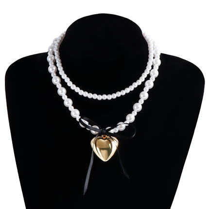 Pearl Bead Neckchain Black Ribbon Bowknot Heart Pendant Necklace - FASHION SHEGOODS LLC
