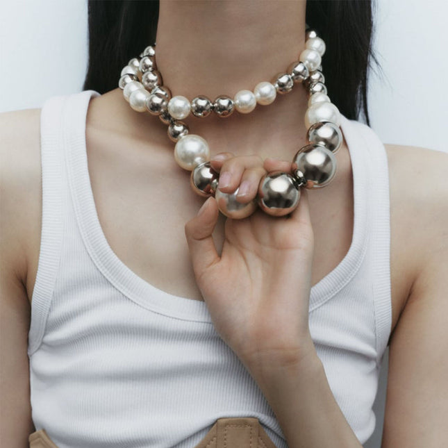 Round Beads Faux Pearl Beaded Necklace