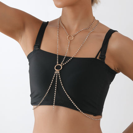 Women Rhinestone Long Necklace Breast Chain