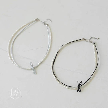 Double-layer Pearl Leather butterfly Collar Necklace