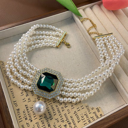 Layered Big Rhinestones Pearl Beads with Green/Red/Transparent Crystal Short Choker Necklace - FASHION SHEGOODS LLC