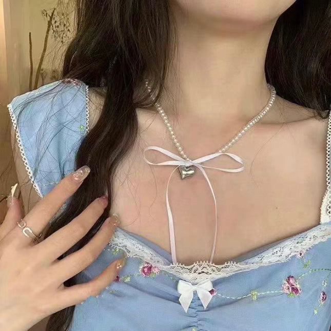 Heart Pendant White Imitation Pearl Bow Ribbon Choker Necklace - FASHION SHEGOODS LLC