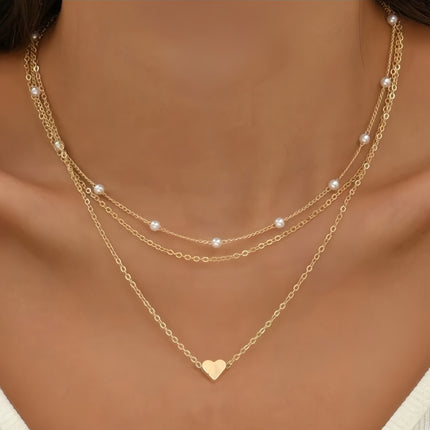 Alloy Heart Necklace Double Layer Fashion Chain Pearl Necklace