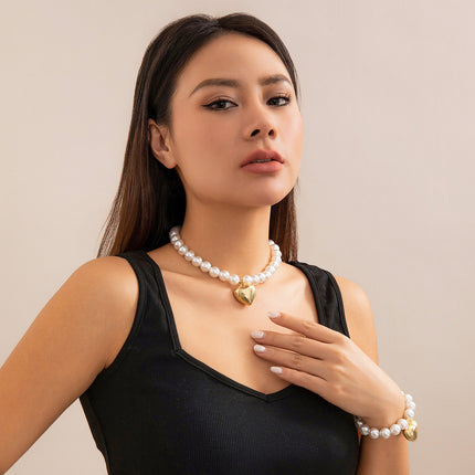 Pearl Beaded love Pendant Bracelet Necklace Set