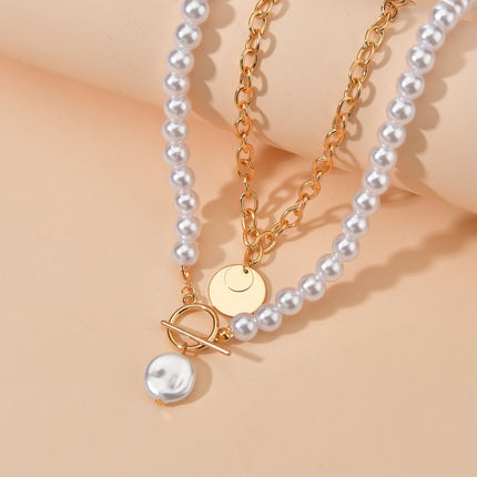 Double Layers Baroque Pearl Necklace Vintage Coin Pendant