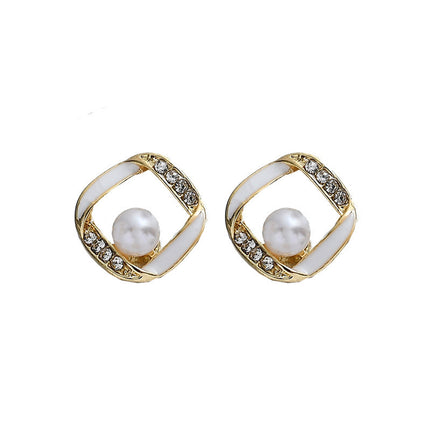 Geometry Hollow Rhinestone Pearl Stud Earrings - FASHION SHEGOODS LLC