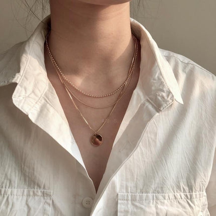 Multi 3 Layers Chain Metallic Metal Round Disc Pendant Necklace - FASHION SHEGOODS LLC